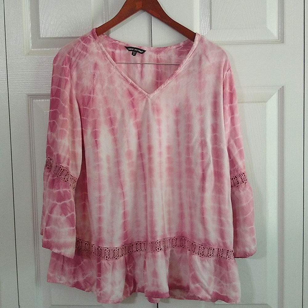 Unique Spectrum Pink & White Tie-Dye V-Neck Lace-Trim Tunic